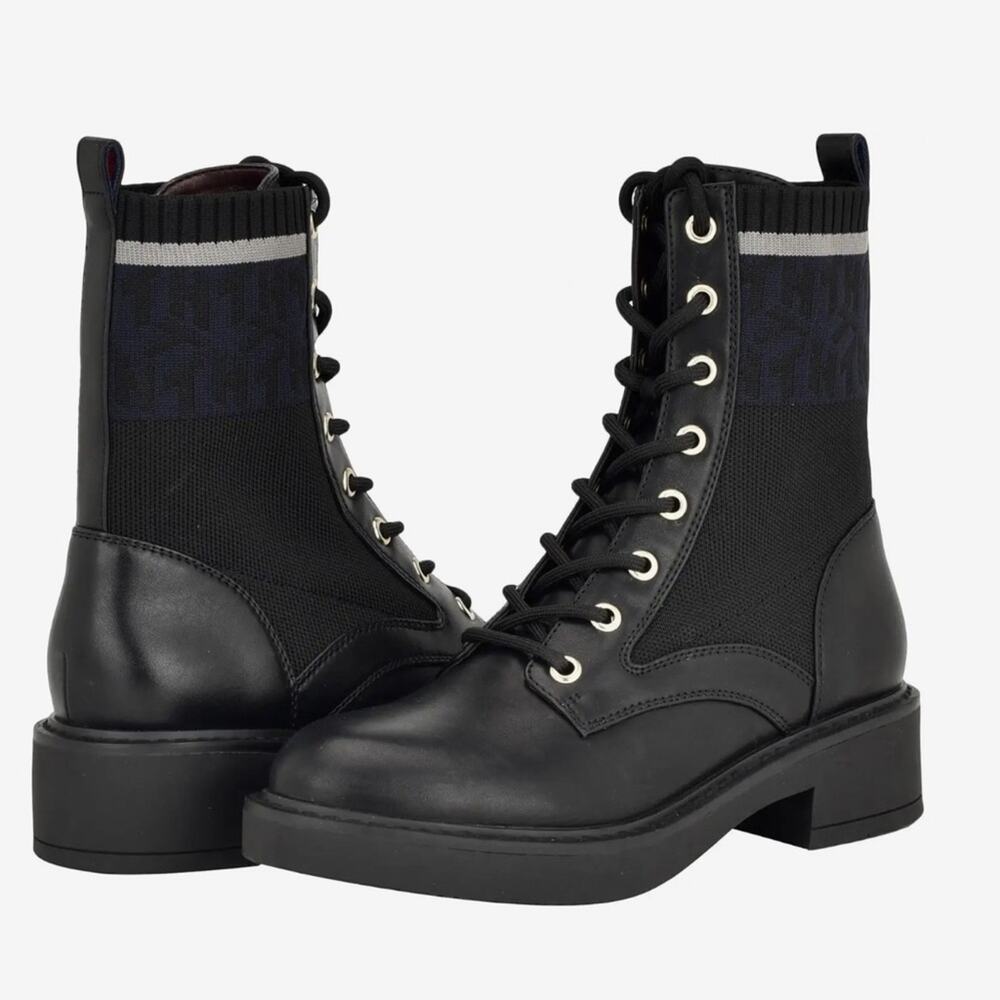 Tommy Hilfiger Women's Tesse Logo Lace up Combat Booties Black Boots NEW Size 6